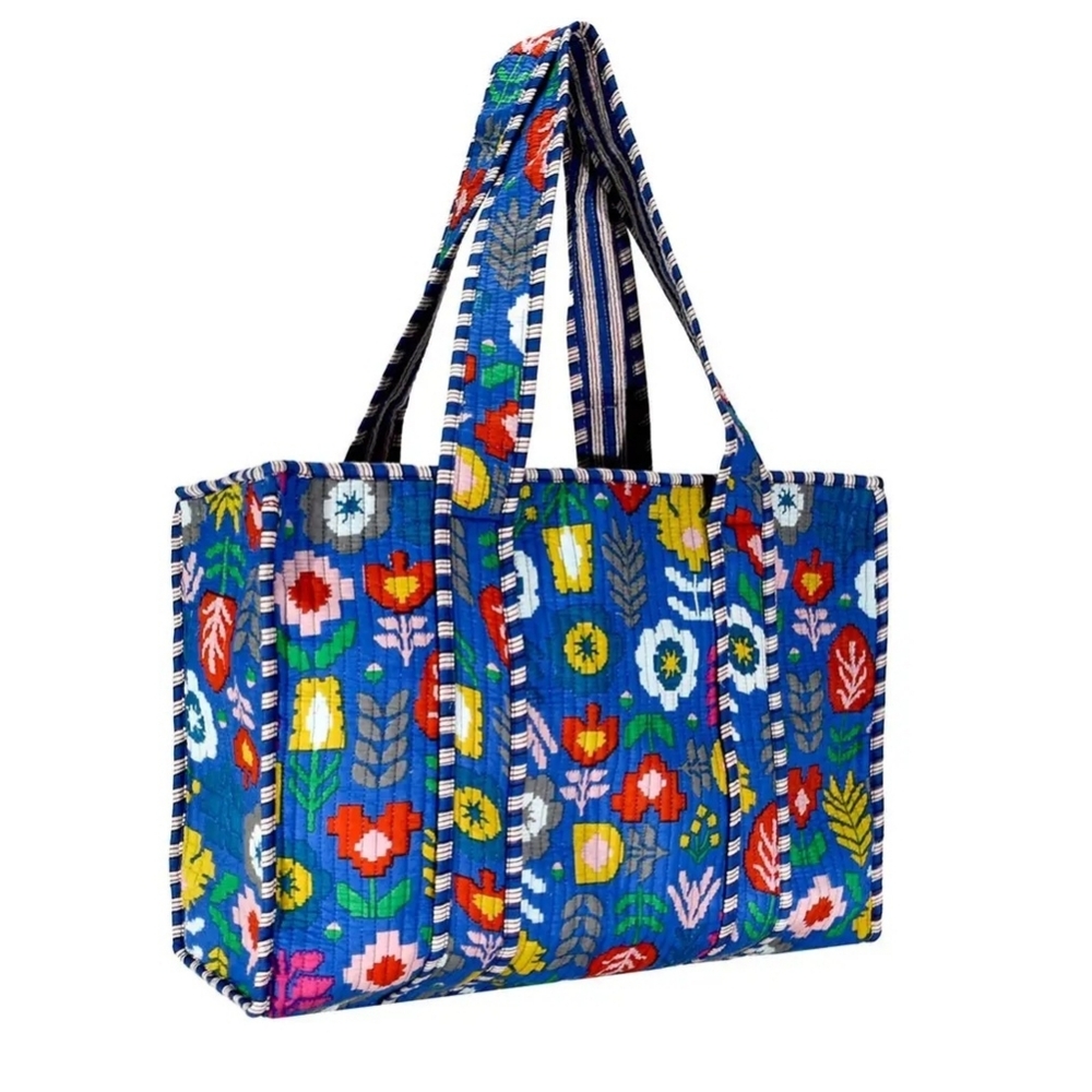 Blue Floral Tote Bag - Casual Women's Carryall